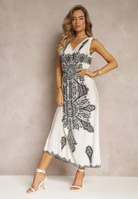Renee - Biała Długa Sukienka z Wzorem Boho Sznurkami na Ramionach i Gumką w Pasie Hideni. Kolor: biały. Styl: boho. Długość: maxi