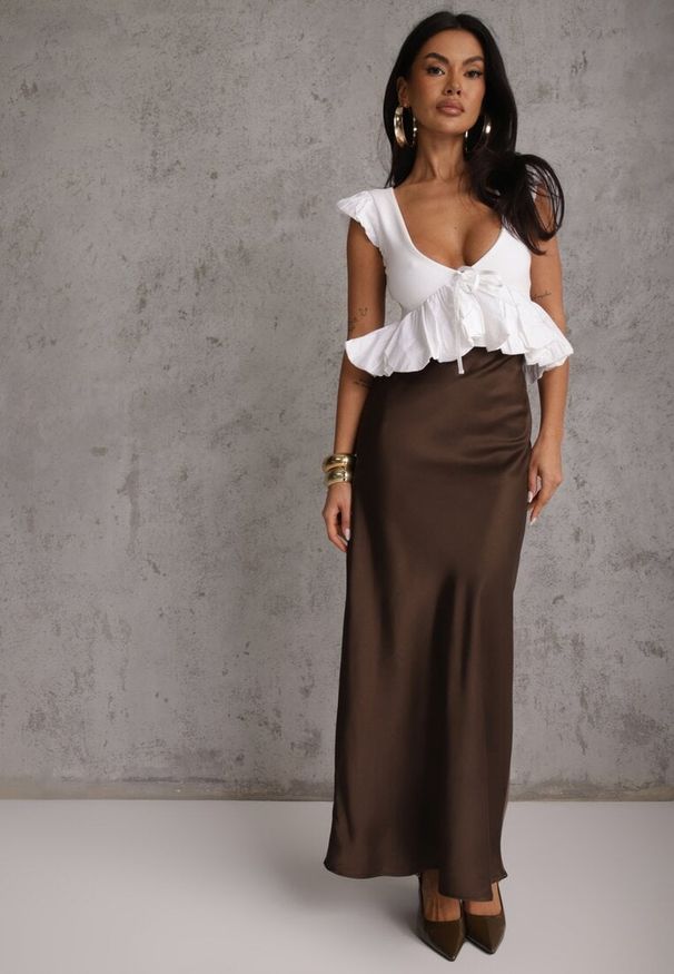 Renee - Brązowa Satynowa Spódnica Maxi High Waist Formia. Stan: podwyższony. Kolor: brązowy. Materiał: satyna