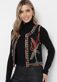 Born2be - Czarna Bawełniana Kamizelka Ozdobiona Kolorowym Haftem i Cyrkoniami Davimme. Kolor: czarny. Materiał: bawełna. Wzór: kolorowy, haft, aplikacja. Sezon: lato #2