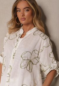 Renee - Biało-Zielona Koszula o Kroju Oversize z Podpinanymi Rękawami i Ozdobnym Haftem Follenea. Okazja: na co dzień. Typ kołnierza: dekolt w serek. Kolor: biały. Materiał: jeans. Wzór: haft. Styl: klasyczny, elegancki, casual