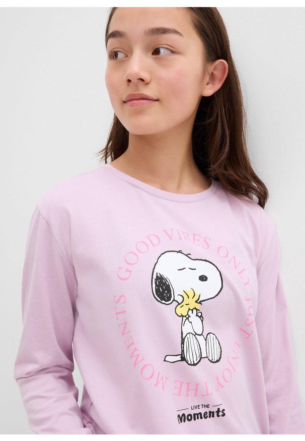 bonprix - Koszulka z długim rękawem z motywem Snoopy z czystej bawełny. Kolor: fioletowy. Materiał: bawełna. Długość rękawa: długi rękaw. Długość: długie