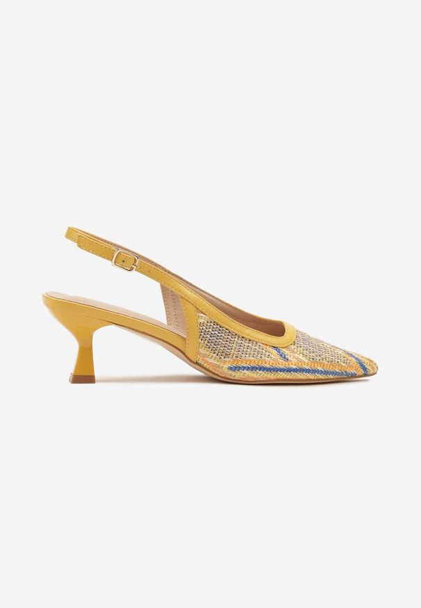 Renee - Żółte Plecione Sandały Slingback na Obcasie Typu Kaczuszka Kosenela. Okazja: na co dzień, na spotkanie biznesowe, do pracy. Nosek buta: szpiczasty. Kolor: żółty. Obcas: na obcasie. Styl: biznesowy, elegancki, casual. Wysokość obcasa: średni