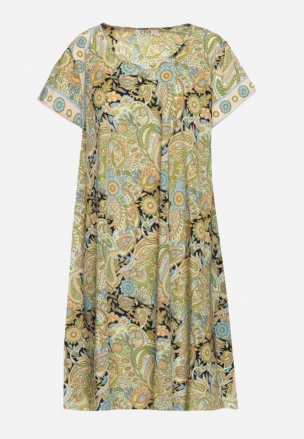 Born2be - Żółto-Zielona Wiskozowa Sukienka o Rozkloszowanym Kroju w Stylu Boho Melnea. Typ kołnierza: dekolt w łódkę. Kolor: żółty. Materiał: wiskoza. Długość rękawa: krótki rękaw. Sezon: lato. Styl: boho