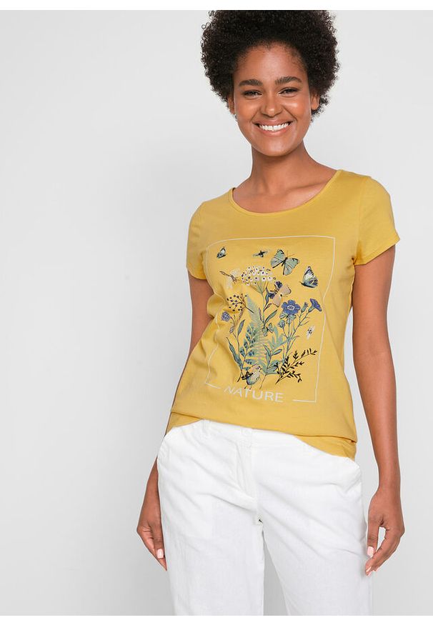 bonprix - T-shirt bawełniany z nadrukiem. Kolor: żółty. Materiał: bawełna. Wzór: nadruk