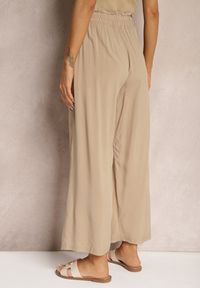 Renee - Beżowe Spodnie Palazzo High Waist z Bawełny Wykończone Gumką w Talii Nellsea. Okazja: na co dzień. Stan: podwyższony. Kolor: beżowy. Materiał: bawełna. Styl: casual, elegancki #5
