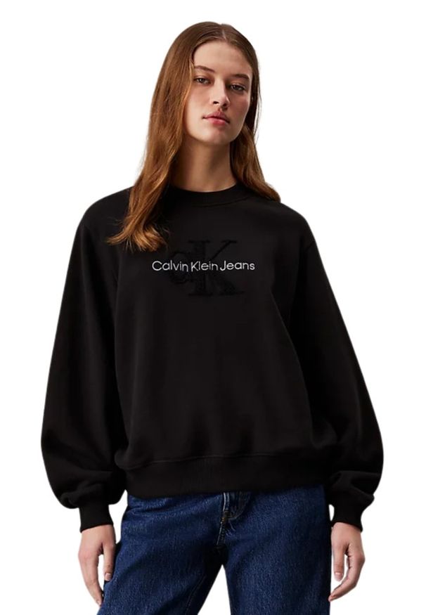 Calvin Klein - CALVIN KLEIN Czarna bluza damska z haftowanym logo. Kolor: czarny. Materiał: bawełna. Wzór: haft
