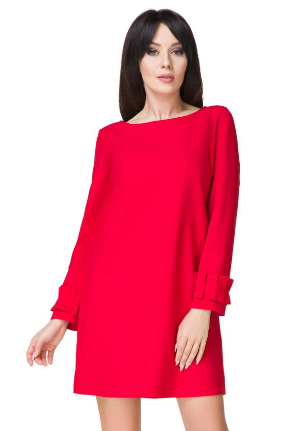 Tessita - Czerwona Sukienka z Falbanką przy Rękawie. Kolor: czerwony. Materiał: poliester, elastan