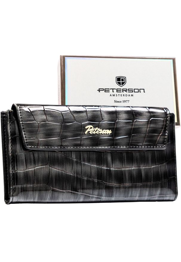 Szary portfel damski ze skóry ekologicznej zamykany na zatrzask - Peterson. Kolor: szary. Materiał: skóra ekologiczna. Wzór: aplikacja