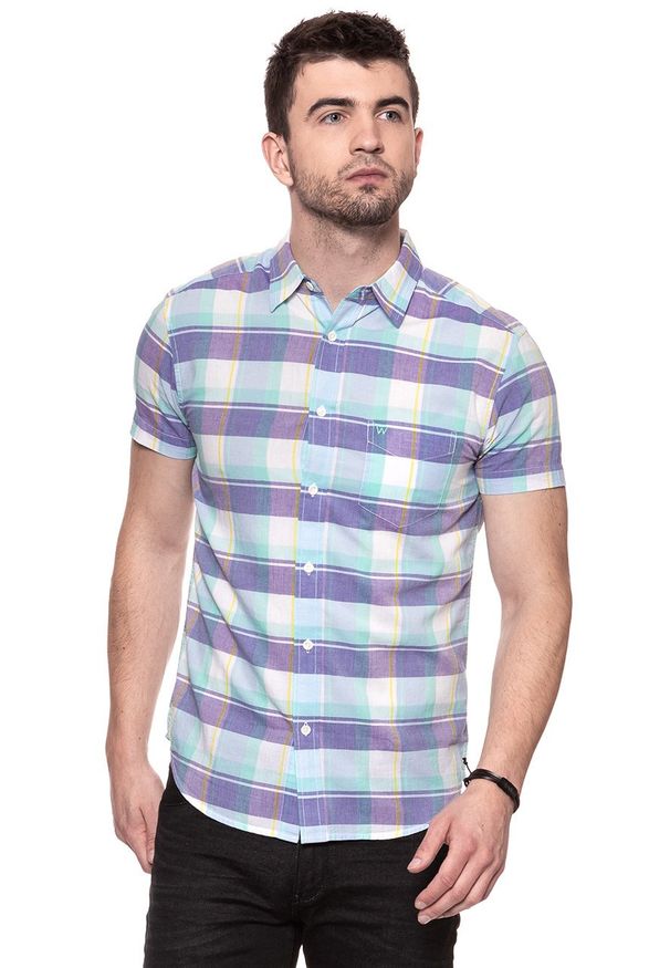 Wrangler - KOSZULA MĘSKA KRÓTKI RĘKAW WRANGLER SS 1PKT SHIRT BEACH GLASS W5860NQWD 112129522. Materiał: materiał. Długość rękawa: krótki rękaw. Długość: krótkie. Wzór: kratka