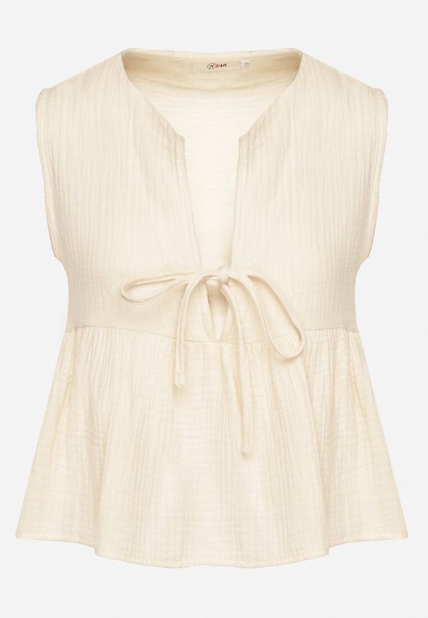 Born2be - Beżowa Bawełniana Bluzka Top z Wiązaniem z Przodu i Lekką Falbanką Furena. Okazja: na co dzień, na imprezę. Typ kołnierza: kołnierz z falbankami. Kolor: beżowy. Materiał: bawełna. Wzór: aplikacja. Styl: casual, elegancki, klasyczny