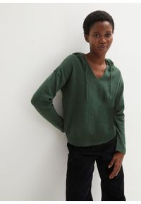 bonprix - Sweter z dekoltem w serek i kapturem. Typ kołnierza: dekolt w serek. Kolor: zielony. Styl: sportowy #1