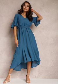 Renee - Granatowa Sukienka Parthesio. Kolor: niebieski. Materiał: materiał, wiskoza. Długość rękawa: krótki rękaw. Sezon: lato. Długość: midi #1