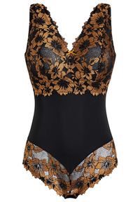 bonprix - Body bez fiszbinów z koronką w kwiaty. Kolor: czarny. Materiał: koronka. Wzór: kwiaty, koronka #1