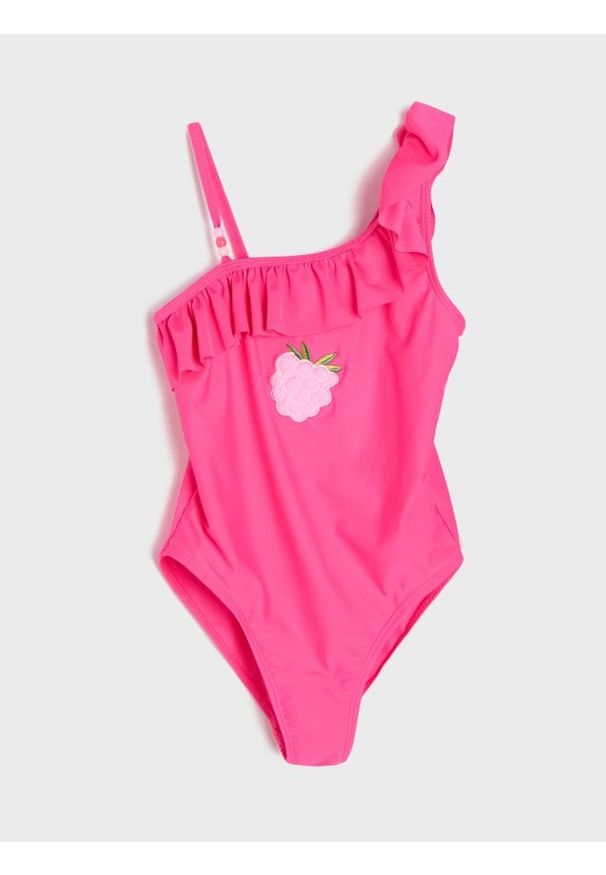 Sinsay - Strój kąpielowy z falbanką i haftowaną maliną - różowy. Kolor: różowy. Wzór: haft