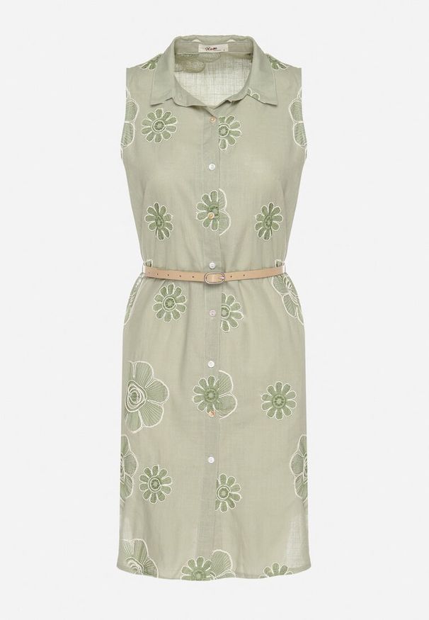 Born2be - Jasnozielona Bawełniana Sukienka Koszulowa w Haftowane Kwiaty z Paskiem z Klamrą Turivana. Okazja: na co dzień. Kolor: zielony. Materiał: bawełna. Wzór: haft, kwiaty. Typ sukienki: koszulowe. Styl: klasyczny, casual, elegancki