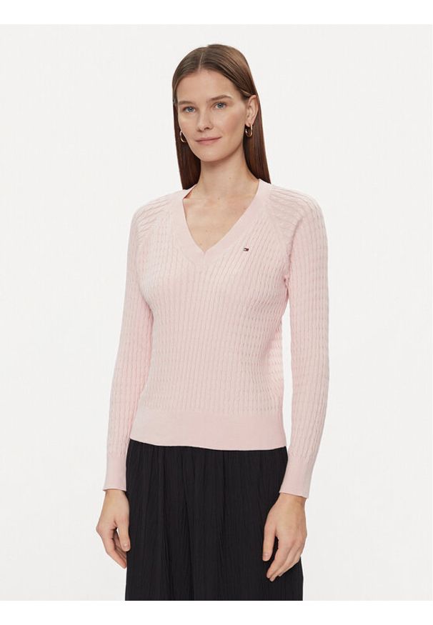 TOMMY HILFIGER - Tommy Hilfiger Sweter Co Cable V-Nk Sweater WW0WW40674 Różowy Regular Fit. Kolor: różowy. Materiał: bawełna