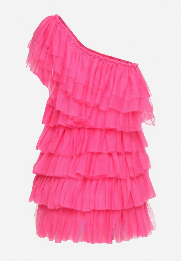 Born2be - Fuksjowa Sukienka Mini na Jedno Ramię Asymetryczna z Falbankami Nomenta. Typ kołnierza: kołnierz z falbankami. Kolor: różowy. Typ sukienki: asymetryczne. Długość: mini