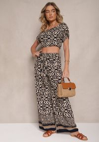 Renee - Granatowy Komplet Spodnie i Bluzka z Bawełny w Ornamentalny Print Nanitria. Kolor: niebieski. Materiał: bawełna. Wzór: nadruk