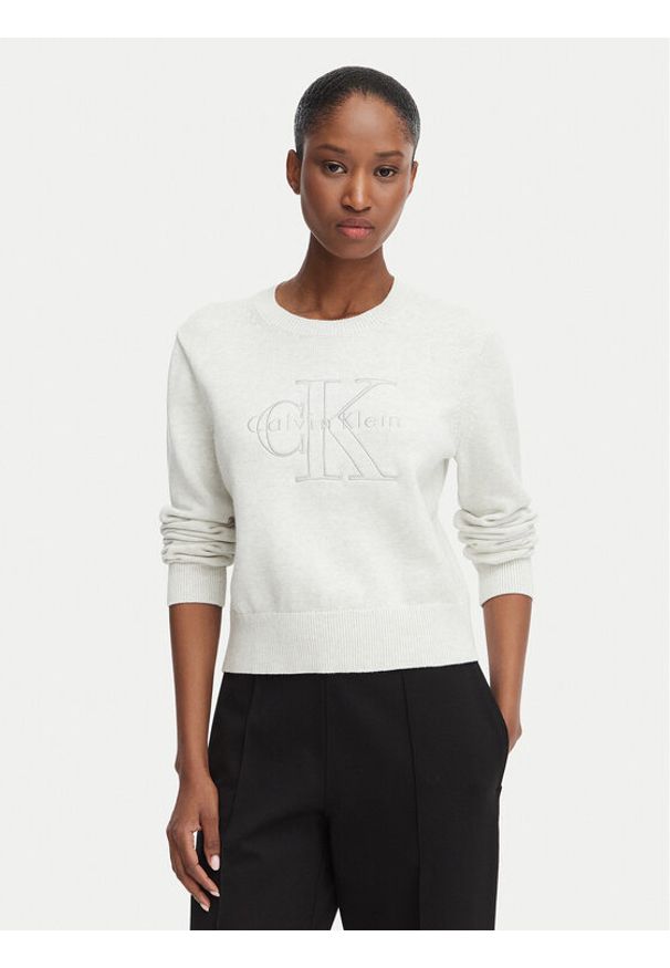 Calvin Klein Jeans Sweter LV047G322G Kremowy Regular Fit. Kolor: kremowy. Materiał: bawełna