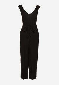 Born2be - Czarny Wiskozowy Kombinezon na Ramiączkach z Materiałowym Paskiem i Gumkami w Talii Zadia. Kolor: czarny. Materiał: materiał, wiskoza. Długość rękawa: na ramiączkach #5