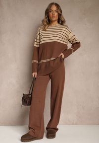 Renee - Brązowy Komplet z Dzianiny z Wełną Pasiasty Sweter i Spodnie Ralleia. Kolor: brązowy. Materiał: dzianina, wełna. Wzór: paski #3