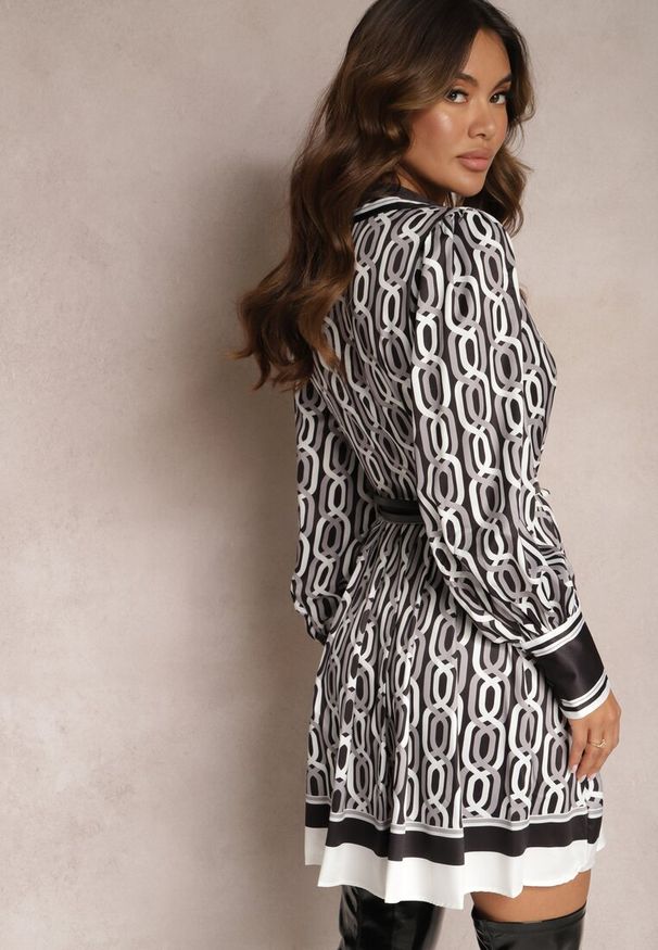 Renee - Czarno-Biała Koszulowa Sukienka Mini o Rozkloszowanym Kroju z Paskiem Launge. Kolor: czarny. Materiał: tkanina. Wzór: geometria, gładki, nadruk. Typ sukienki: koszulowe. Długość: mini