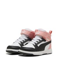 Puma - PUMA Rebound V6 Mid Toddlers' Sneakers PUMA White Strong Gray Pink Fruit. Kolor: szary, biały, wielokolorowy, różowy. Sport: turystyka piesza