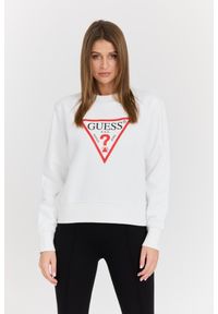 Guess - GUESS Biała damska bluza z dużym logo Original Fleece. Kolor: biały. Materiał: materiał, poliester, bawełna