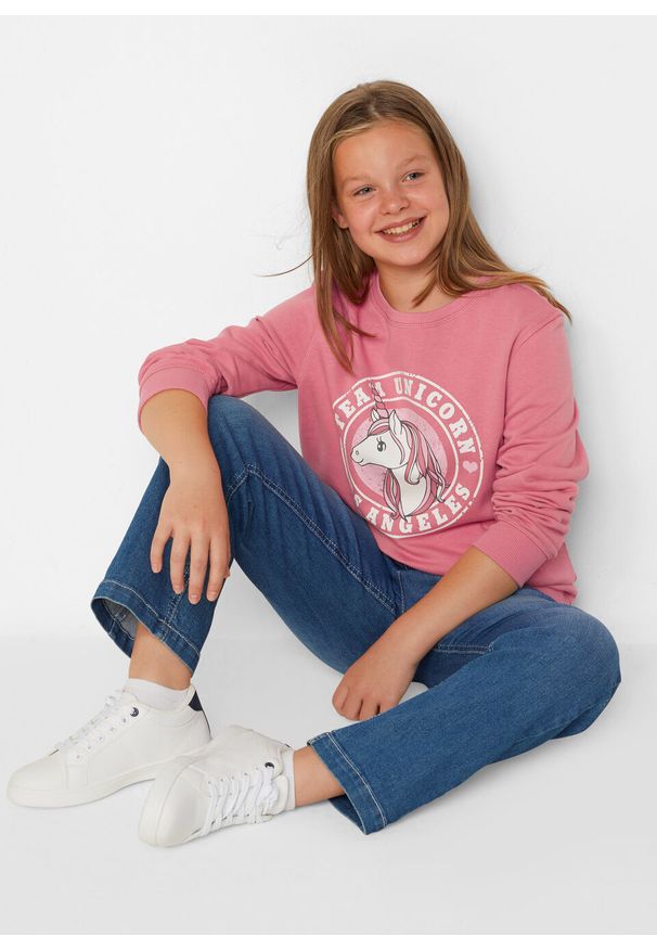Bluza dziewczęca oversize bonprix dymny różowy z nadrukiem. Kolor: różowy. Materiał: bawełna. Długość: długie. Wzór: nadruk