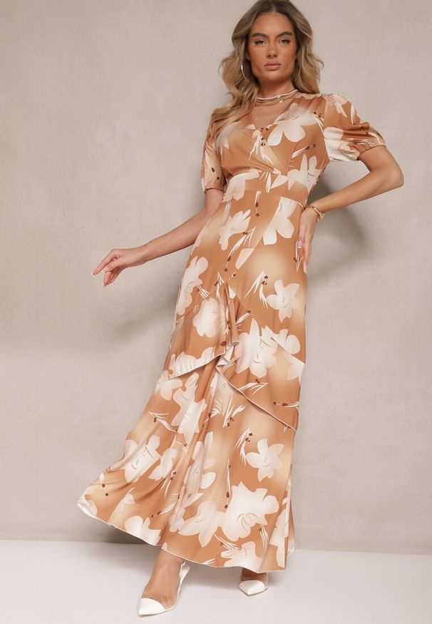 Renee - Jasnobrązowa Kopertowa Sukienka z Kwiatowym Wzorem i Falbanką Tdivona. Kolor: brązowy. Wzór: kwiaty. Typ sukienki: kopertowe