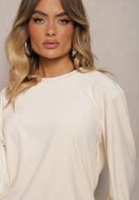 Renee - Jasnobeżowy Dresowy Welurowy Komplet z Dodatkiem Bawełny Bluzka i Spodnie Evisla. Kolor: beżowy. Materiał: bawełna, welur, dresówka