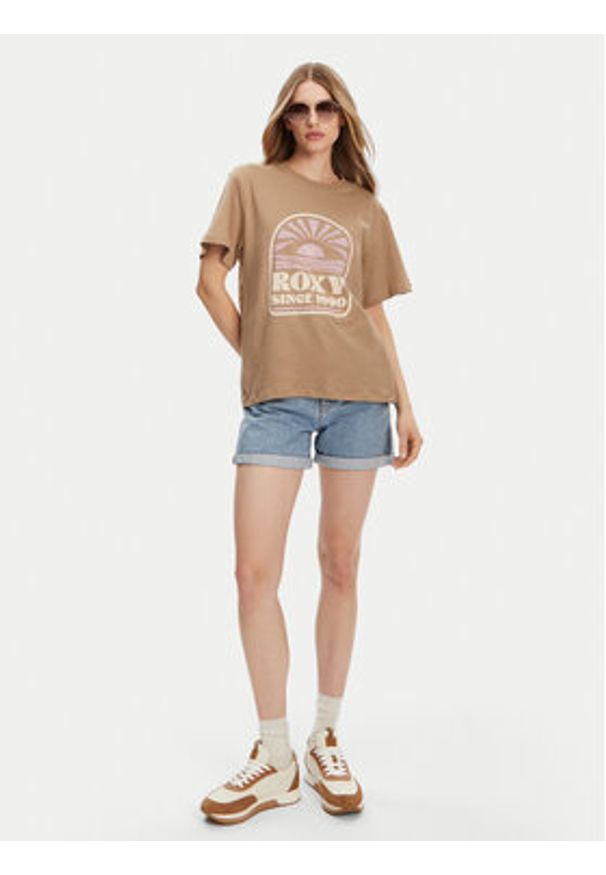 Roxy T-Shirt ERJZT05912 Brązowy Regular Fit. Kolor: brązowy. Materiał: bawełna