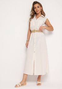 Born2be - Beżowa Bawełniana Sukienka Koszulowa z Gumką w Talii i Paskiem z Klamrą Xalorea. Kolor: beżowy. Materiał: bawełna. Wzór: paski. Typ sukienki: koszulowe #1