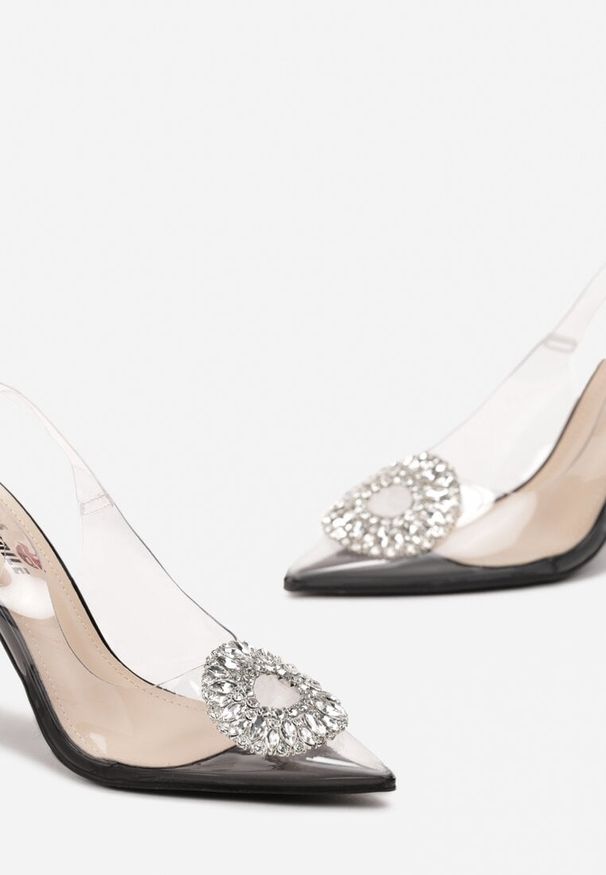 Born2be - Czarne Sandały na Szpilce z Transparentnym Noskiem z Klamrą w Cyrkonie Lueure. Zapięcie: klamry. Kolor: czarny. Obcas: na szpilce. Styl: wizytowy