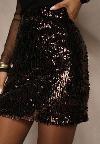 Renee - Ciemnobrązowa Cekinowa Dopasowana Spódnica Vetizine. Okazja: na imprezę. Kolor: brązowy. Materiał: poliester. Styl: wizytowy #4