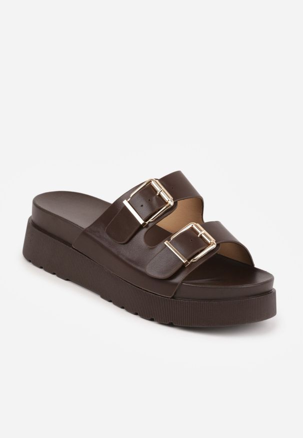 Born2be - Ciemnobrązowe Klapki na Grubej Podeszwie z Dwoma Klamrami Xenienne. Okazja: na co dzień. Kolor: brązowy. Materiał: jeans, len. Styl: elegancki, casual