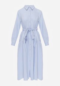 Born2be - Niebieska Koszulowa Sukienka z Bawełną i Wiskozą Ozdobiona Paskiem Viviedah. Okazja: na co dzień. Kolor: niebieski. Materiał: wiskoza, bawełna. Wzór: aplikacja. Typ sukienki: koszulowe. Styl: casual #3