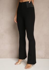 Renee - Czarne Spodnie Dzwony z Wiskozą i Bawełną High Waist Ozdobione Guzikami Doliella. Okazja: na co dzień. Stan: podwyższony. Kolor: czarny. Materiał: bawełna, wiskoza. Wzór: aplikacja. Styl: elegancki, casual