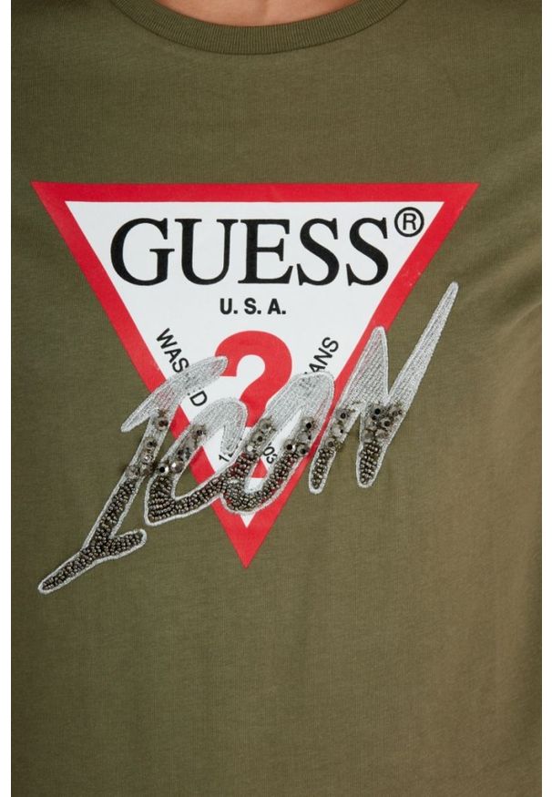 Guess - GUESS Zielony t-shirt damski bawełniany icon, Rozmiar M. Kolor: zielony. Materiał: bawełna