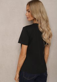 Renee - Czarny T-shirt Koszulka z Krótkim Rękawem i Okrągłym Dekoltem Tiarella. Kolor: czarny. Materiał: jeans. Długość rękawa: krótki rękaw. Długość: krótkie. Wzór: aplikacja. Styl: klasyczny, elegancki