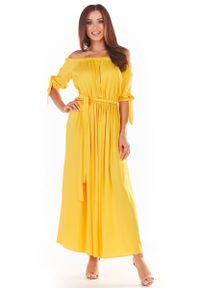 Awama - Długa Sukienka z Hiszpańskim Dekoltem - Żółta. Kolor: żółty. Materiał: elastan, wiskoza. Długość: maxi