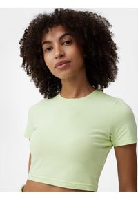4f - T-shirt crop-top gładki damski. Kolor: zielony. Materiał: elastan, bawełna. Długość: krótkie. Wzór: gładki #2