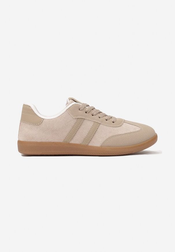 Renee - Ciemnobeżowe Casualowe Sneakersy z Ekozamszu na Płaskiej Podeszwie Pemeriana. Okazja: na co dzień. Nosek buta: okrągły. Zapięcie: sznurówki. Kolor: beżowy. Materiał: jeans. Wzór: aplikacja. Obcas: na płaskiej podeszwie