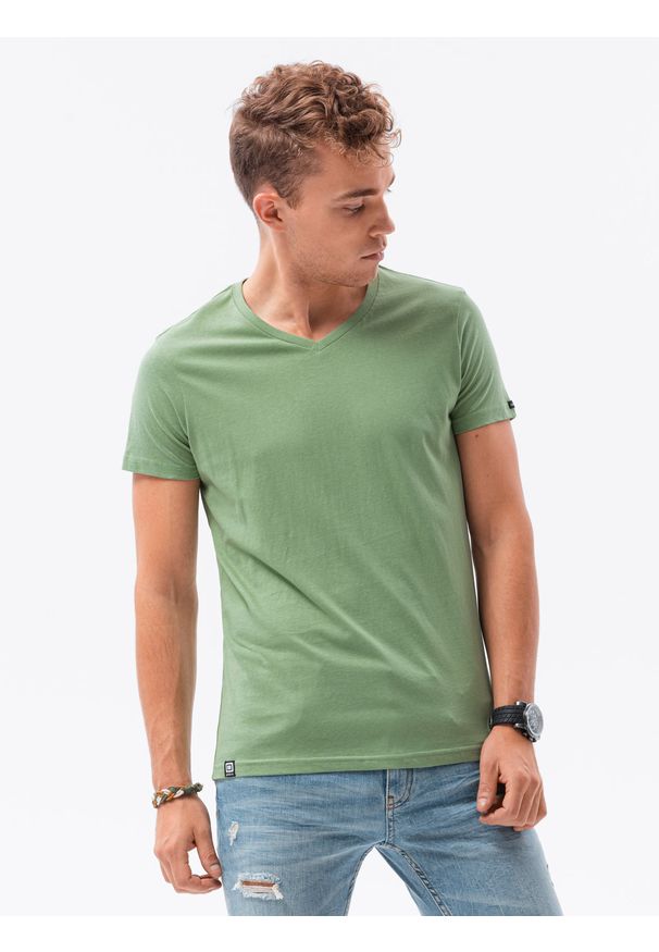 Ombre Clothing - T-shirt męski bawełniany BASIC S1369 - zielony - XXL. Typ kołnierza: dekolt w serek. Kolor: zielony. Materiał: bawełna. Długość: krótkie. Styl: klasyczny