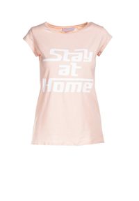 Renee - Jasnoróżowy T-shirt Loraisea. Kolor: różowy. Materiał: dzianina. Długość rękawa: krótki rękaw. Długość: krótkie. Wzór: nadruk, napisy #3