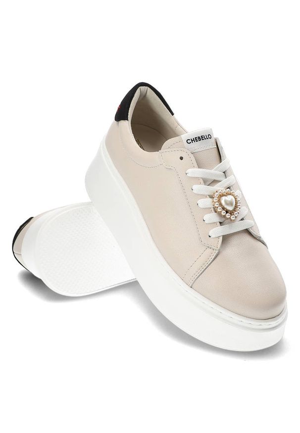CheBello - Beżowe Sneakersy Chebello Damskie Stylowe Obuwie. Kolor: beżowy. Materiał: skóra. Szerokość cholewki: normalna. Wzór: aplikacja. Obcas: na platformie. Styl: elegancki