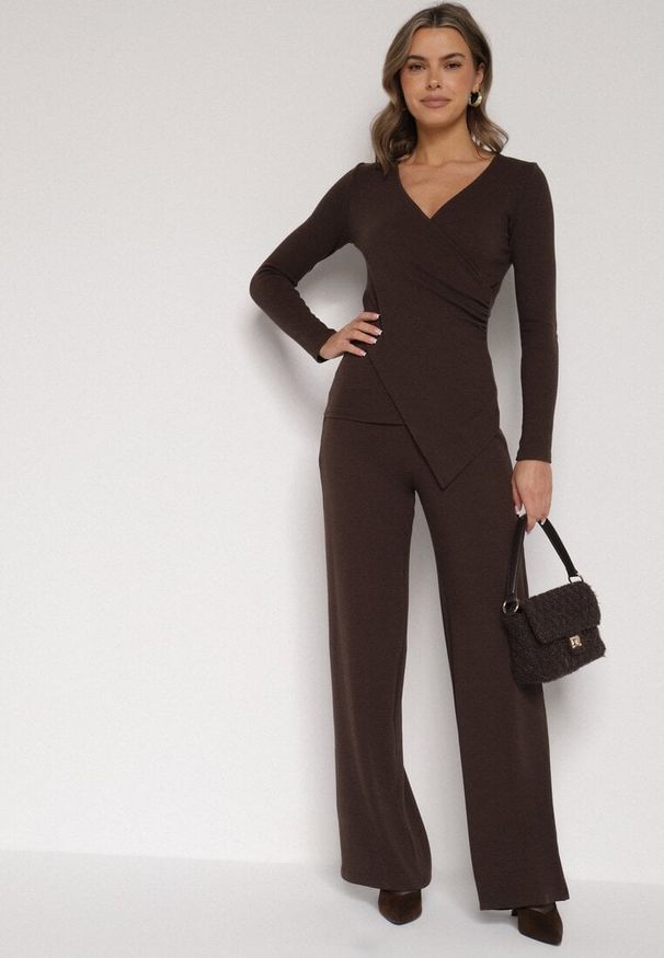 Born2be - Brązowy Bawełniany Komplet Kopertowa Bluzka z Długim Rękawem i Spodnie Ferenna. Kolor: brązowy. Materiał: bawełna