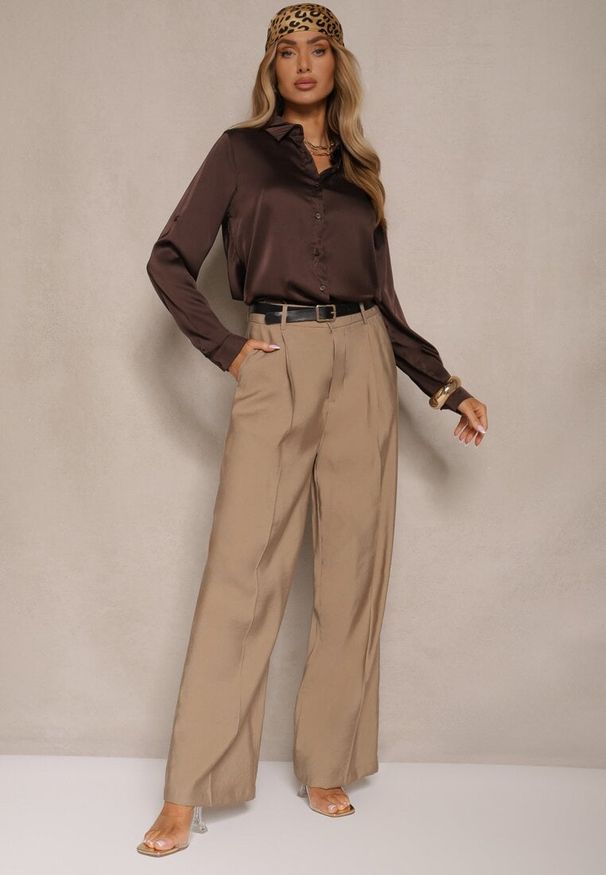 Renee - Beżowe Garniturowe Spodnie High Waist o Szerokim Kroju Efrase. Okazja: na co dzień. Stan: podwyższony. Kolor: beżowy. Styl: casual