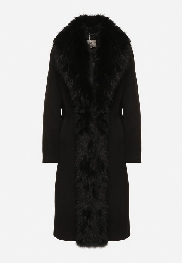 Born2be - Czarny Płaszcz Ozdobiony Odpinanym Futerkiem Lianossa. Okazja: na co dzień. Kolor: czarny. Materiał: futro. Wzór: aplikacja. Styl: klasyczny, casual