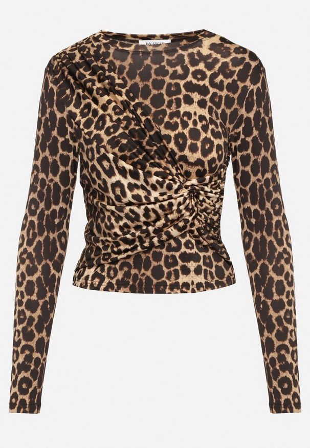 Born2be - Beżowa Bluzka Dopasowana z Ozdobnym Marszczeniem Belabia. Okazja: do pracy. Kolor: brązowy. Materiał: materiał. Długość rękawa: długi rękaw. Długość: długie. Styl: klasyczny